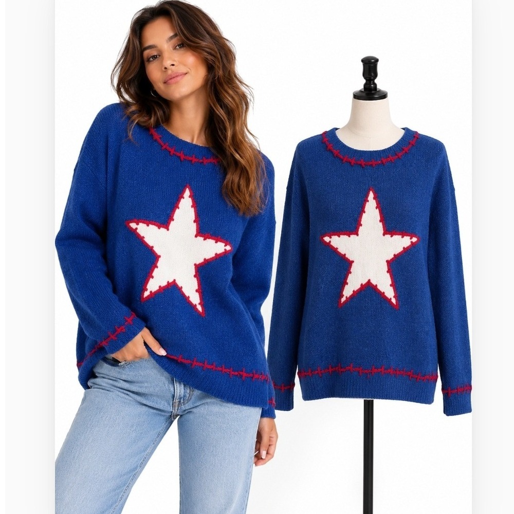 BIBI‎ Sweater Women Large Blue Star Americana Blanket Stitch Crewneck Star Girl